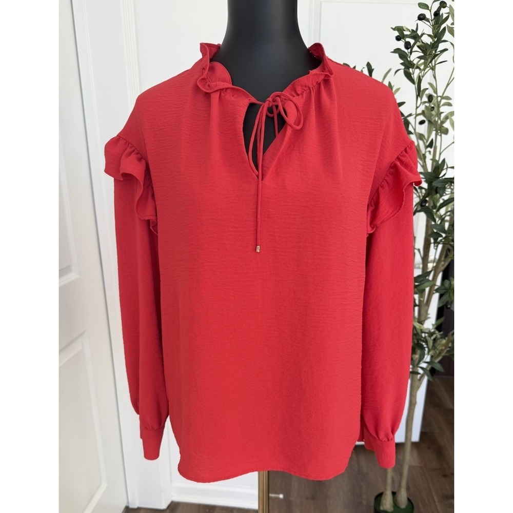 Tommy Hilfiger Women Comfy Red Ruffle Blouse Long Sleeve, Size M‎